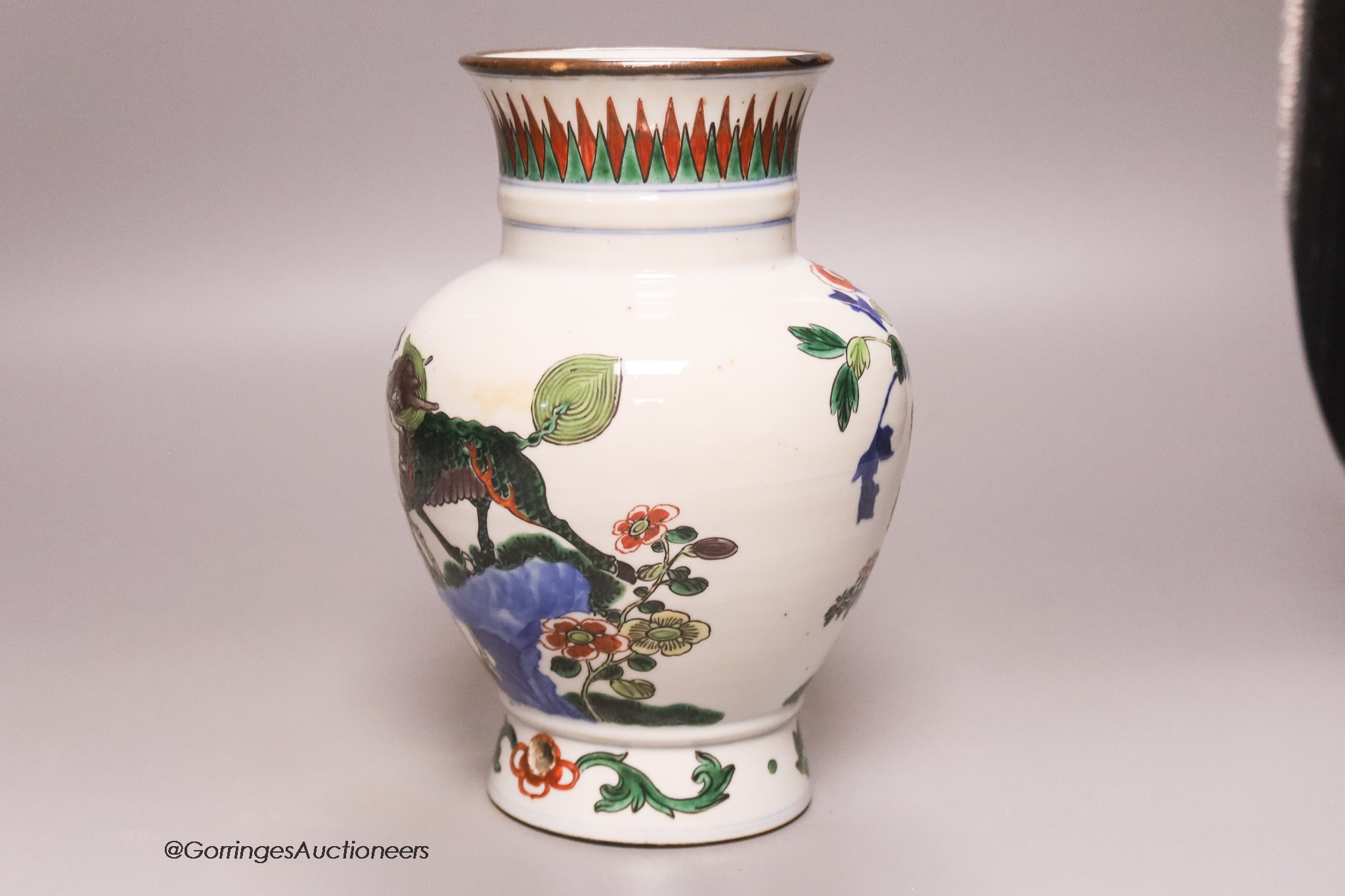 A late 19th / early 20th century Chinese Wucai vase, Wanli mark to neck, height 20.5cm